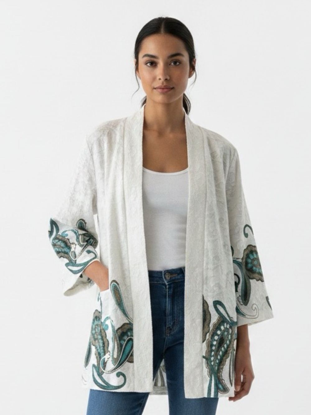 Chico’s White Embroidered Kimono Jacket with Teal Paisley Accents